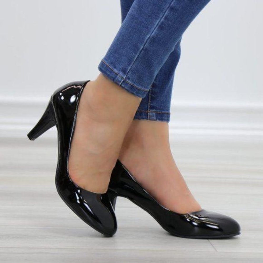 Black Patent Round Toe Kitten Low Heel Pumps - Picture 8 of 11